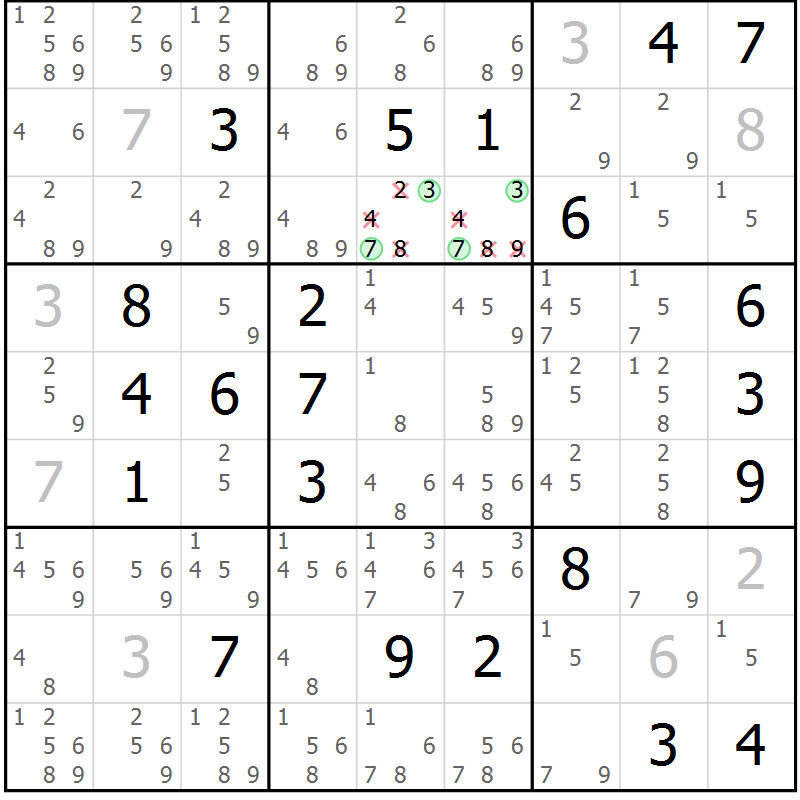 Position des candidats pour la solution de la Gr 12 page 15 du magazine de sudoku Virtuose n° 120