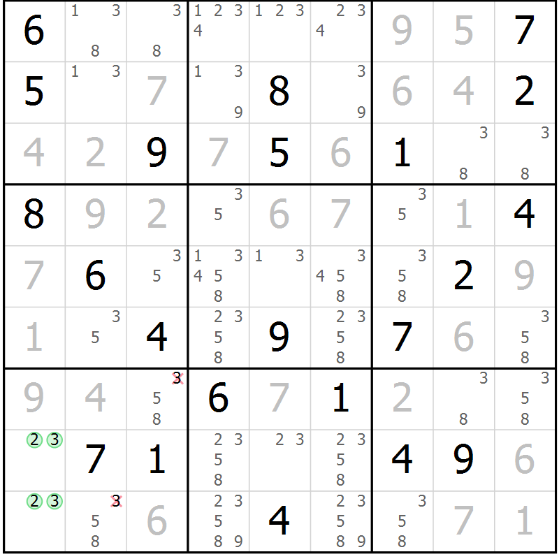 Position des candidats pour la solution de la Gr 14 page 17 du magazine de sudoku Virtuose n° 120