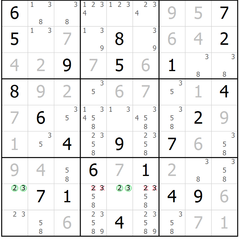 Position des candidats pour la solution de la Gr 14 page 17 du magazine de sudoku Virtuose n° 120