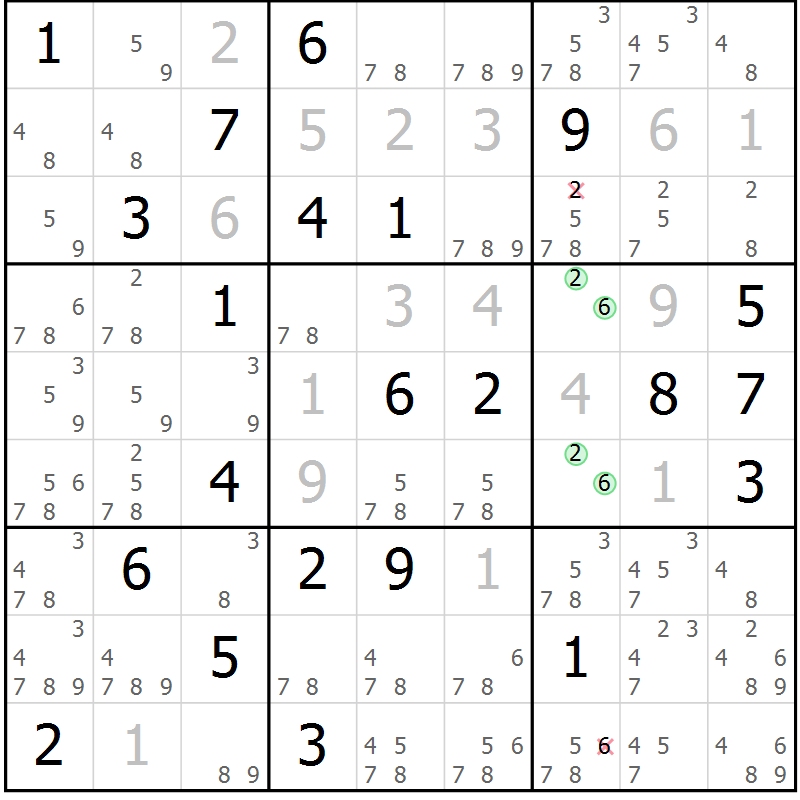 Position des candidats pour la solution de la Gr 2 page 5 du magazine de sudoku Virtuose n° 120