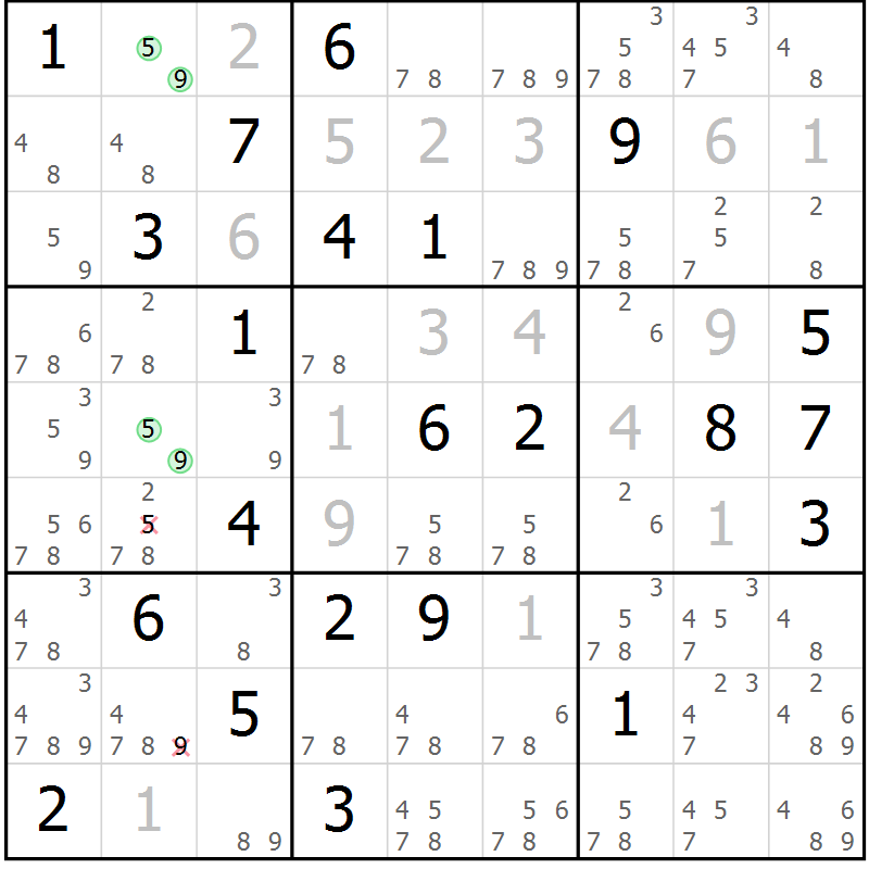 Position des candidats pour la solution de la Gr 2 page 5 du magazine de sudoku Virtuose n° 120