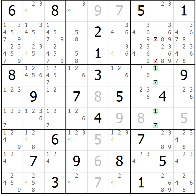 Position des candidats pour la solution de la Gr 20 page 23 du magazine de sudoku Virtuose n° 120