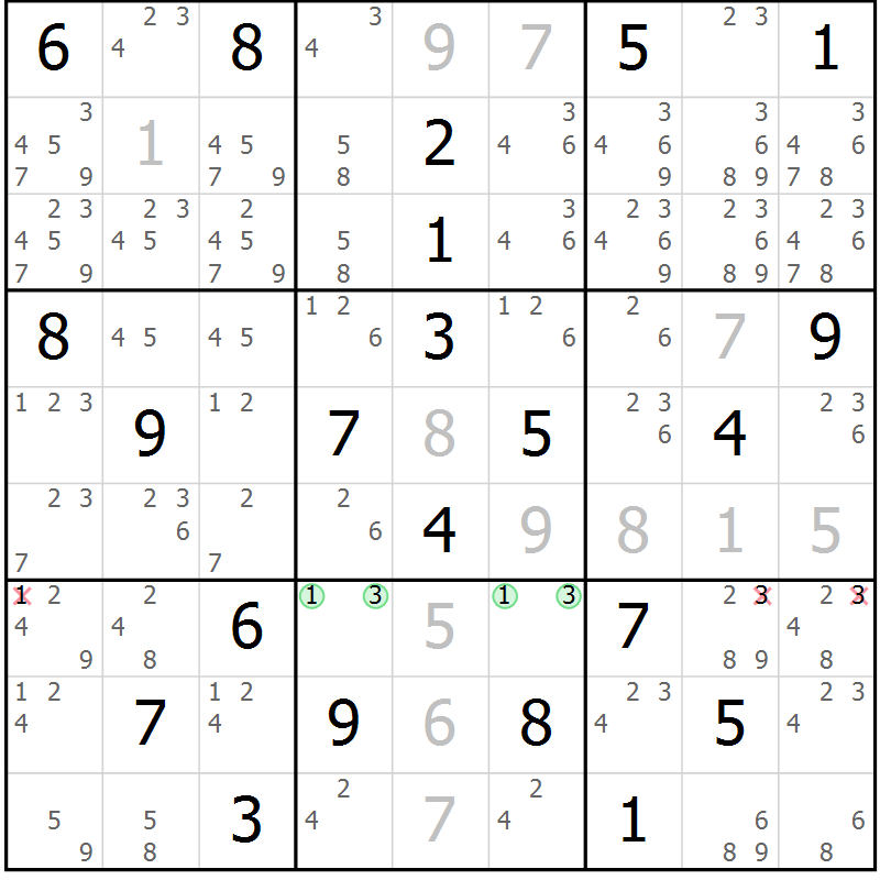 Position des candidats pour la solution de la Gr 20 page 23 du magazine de sudoku Virtuose n° 120