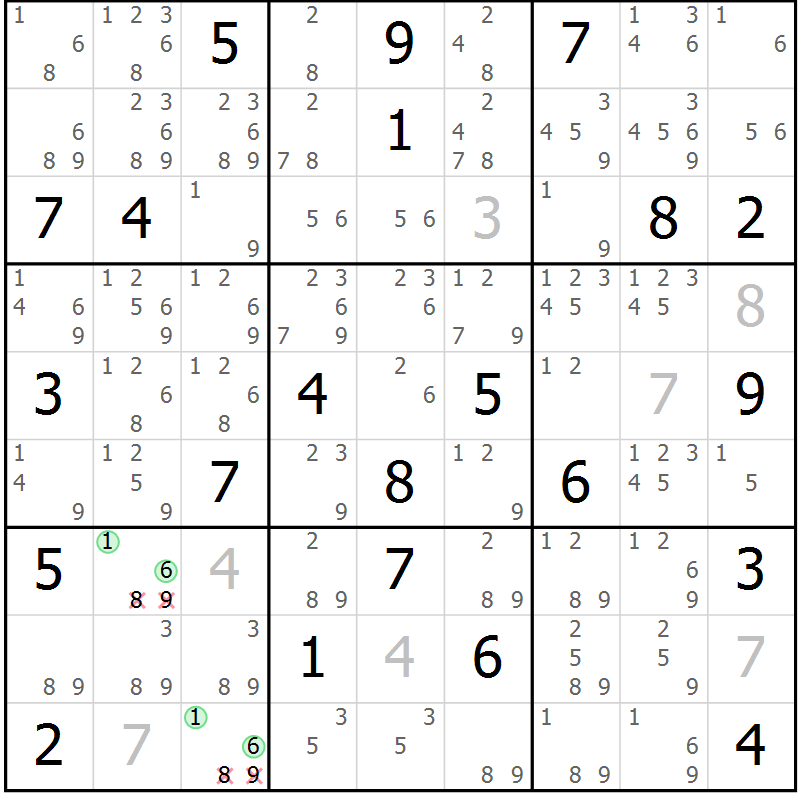 Position des candidats pour la solution de la Gr 21 page 24 du magazine de sudoku Virtuose n° 120