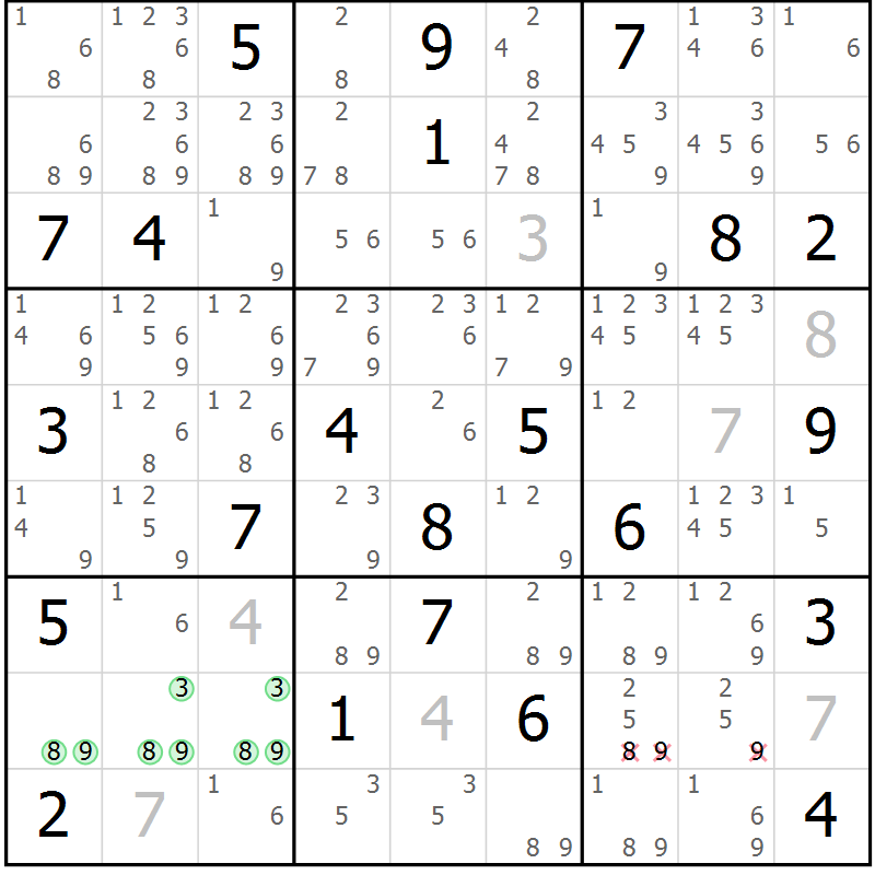 Position des candidats pour la solution de la Gr 21 page 24 du magazine de sudoku Virtuose n° 120