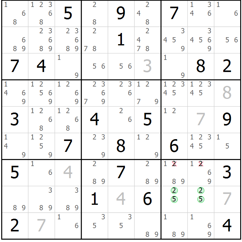Position des candidats pour la solution de la Gr 21 page 24 du magazine de sudoku Virtuose n° 120