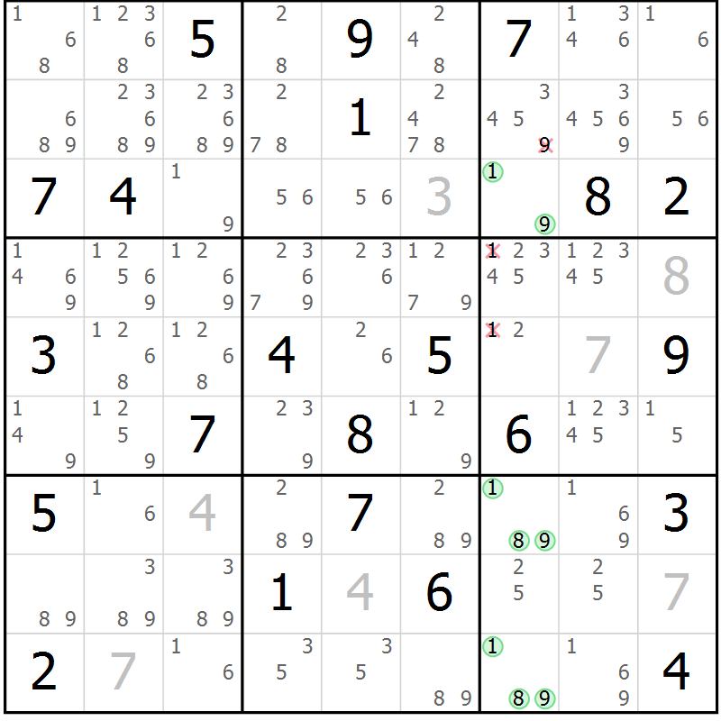 Position des candidats pour la solution de la Gr 21 page 24 du magazine de sudoku Virtuose n° 120