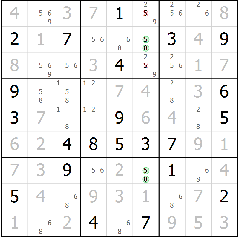 Position des candidats pour la solution de la Gr 22 page 25 du magazine de sudoku Virtuose n° 120
