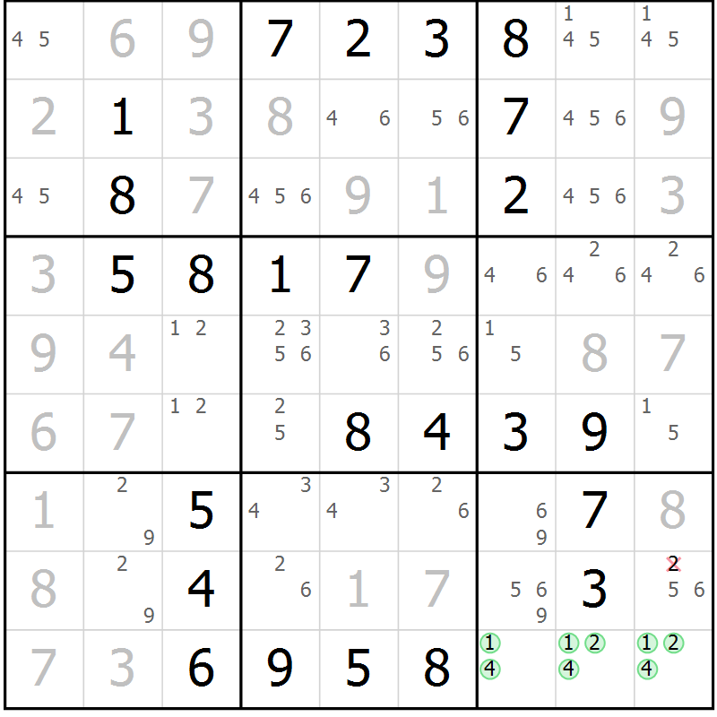 Position des candidats pour la solution de la Gr 25 page 28 du magazine de sudoku Virtuose n° 120