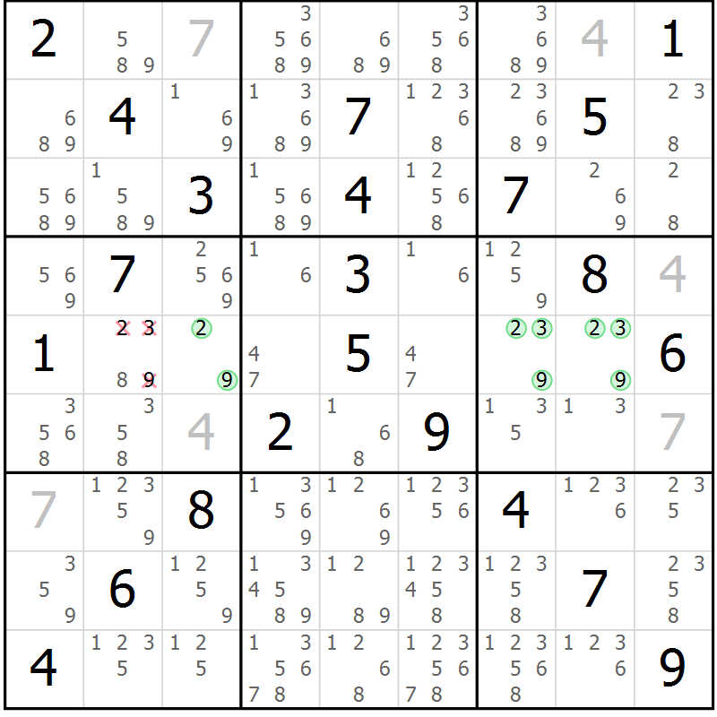 Position des candidats pour la solution de la Gr 29 page 32 du magazine de sudoku Virtuose n° 120