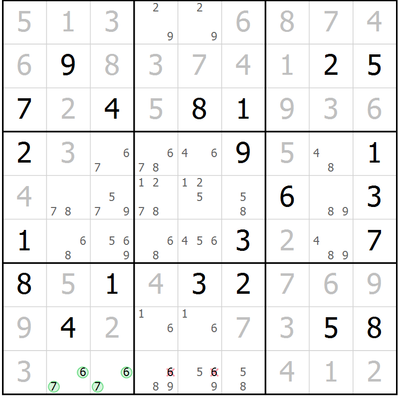 Position des candidats pour la solution de la Gr 3 page 6 du magazine de sudoku Virtuose n° 120