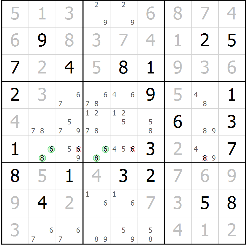 Position des candidats pour la solution de la Gr 3 page 6 du magazine de sudoku Virtuose n° 120