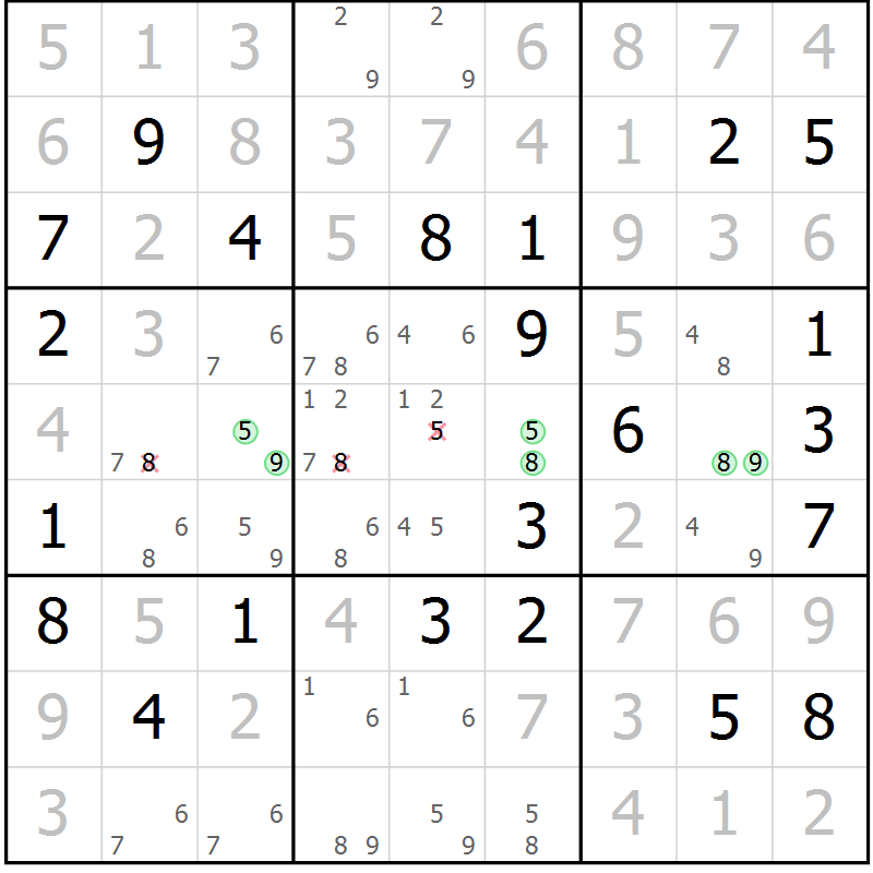 Position des candidats pour la solution de la Gr 3 page 6 du magazine de sudoku Virtuose n° 120