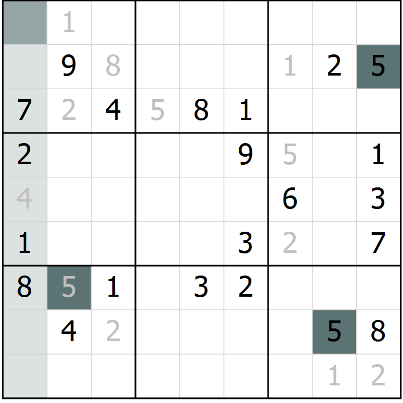 Position des candidats pour la solution de la Gr 3 page 6 du magazine de sudoku Virtuose n° 120