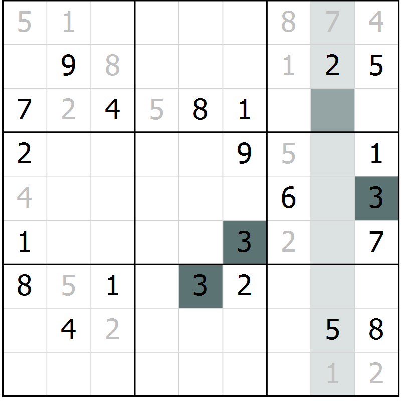 Position des candidats pour la solution de la Gr 3 page 6 du magazine de sudoku Virtuose n° 120