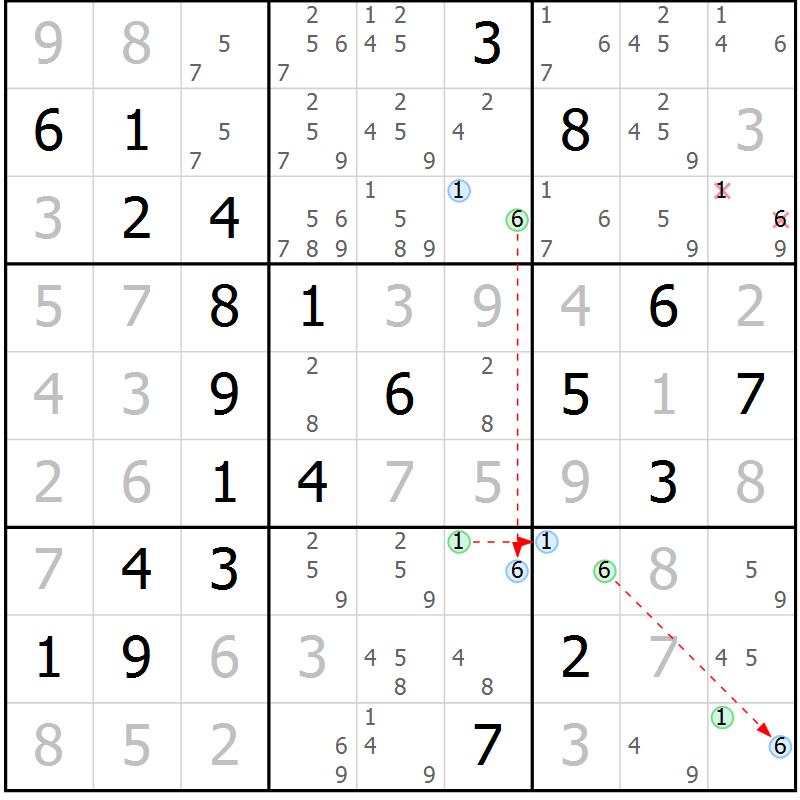 Position des candidats pour la solution de la Gr 32 page 35 du magazine de sudoku Virtuose n° 120
