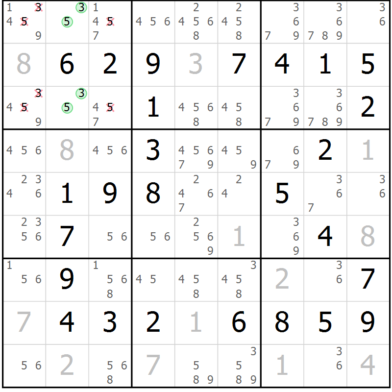 Position des candidats pour la solution de la Gr 36 page 39 du magazine de sudoku Virtuose n° 120