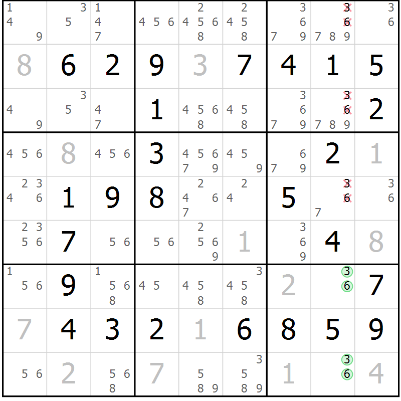 Position des candidats pour la solution de la Gr 36 page 39 du magazine de sudoku Virtuose n° 120