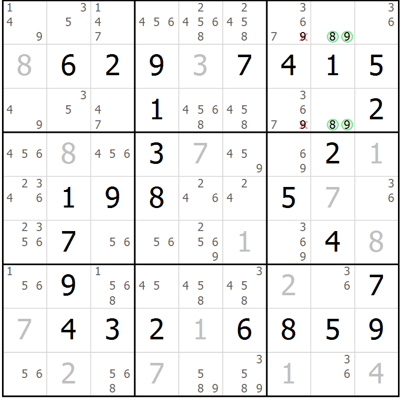 Position des candidats pour la solution de la Gr 36 page 39 du magazine de sudoku Virtuose n° 120