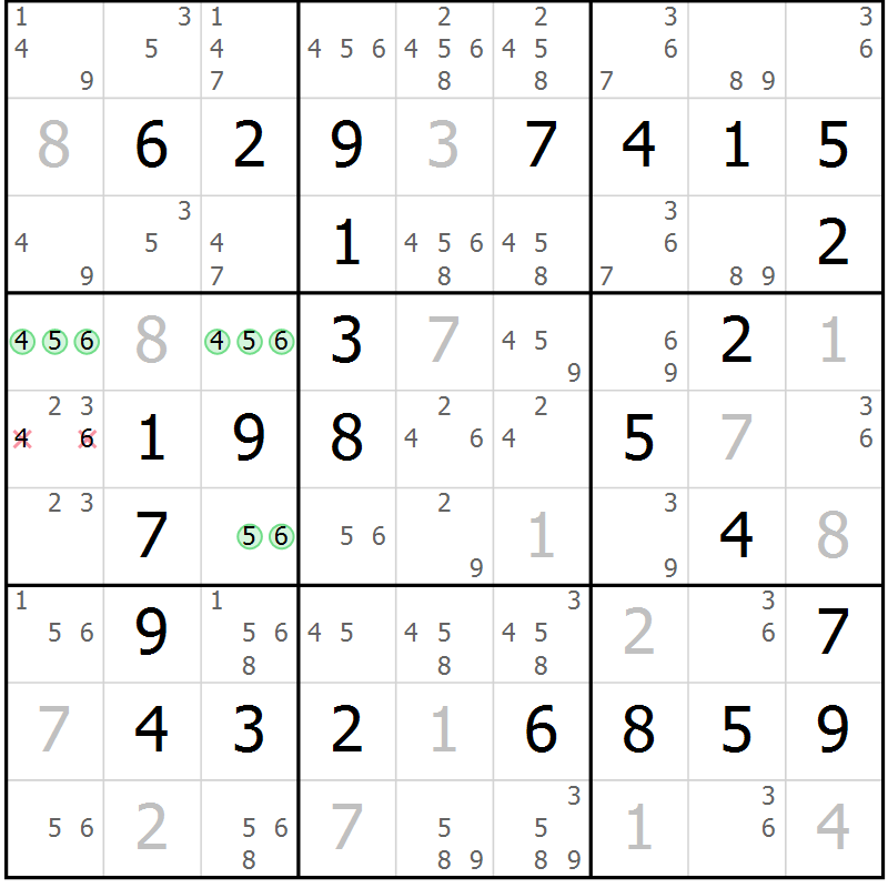 Position des candidats pour la solution de la Gr 36 page 39 du magazine de sudoku Virtuose n° 120
