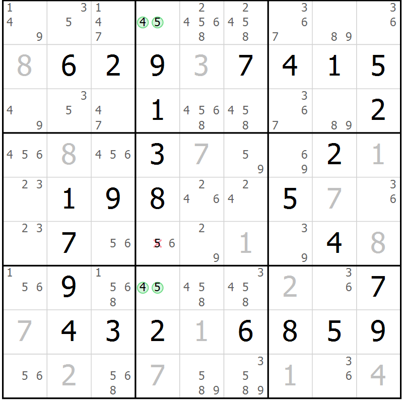Position des candidats pour la solution de la Gr 36 page 39 du magazine de sudoku Virtuose n° 120