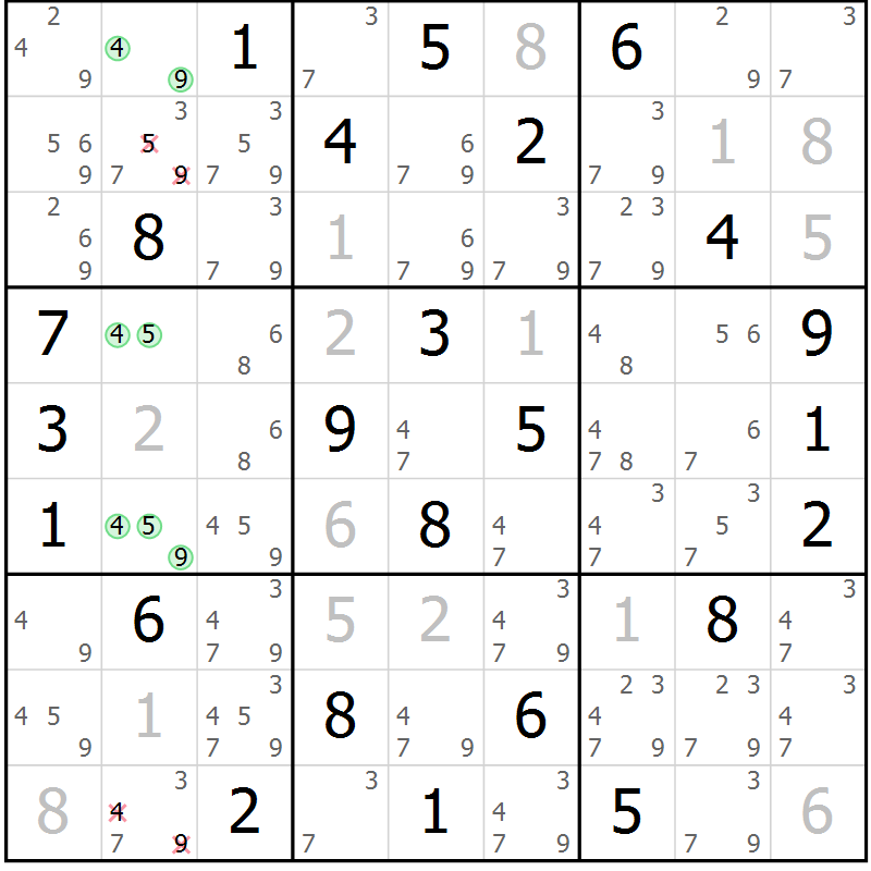 Position des candidats pour la solution de la Gr 38 page 41 du magazine de sudoku Virtuose n° 120