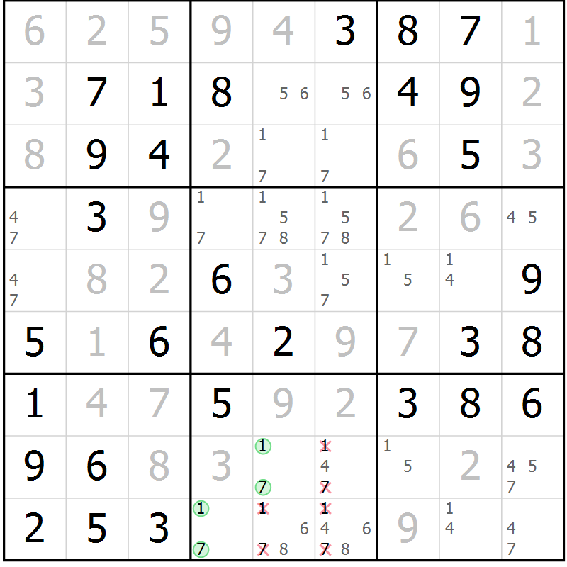 Position des candidats pour la solution de la Gr 39 page 42 du magazine de sudoku Virtuose n° 120