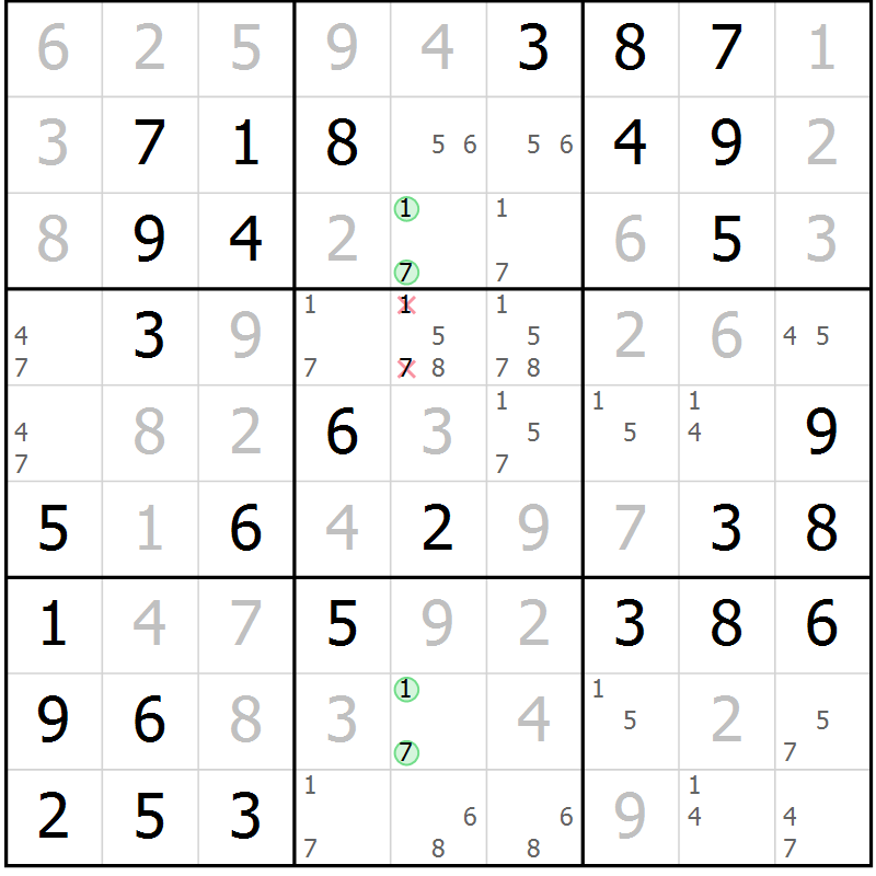 Position des candidats pour la solution de la Gr 39 page 42 du magazine de sudoku Virtuose n° 120