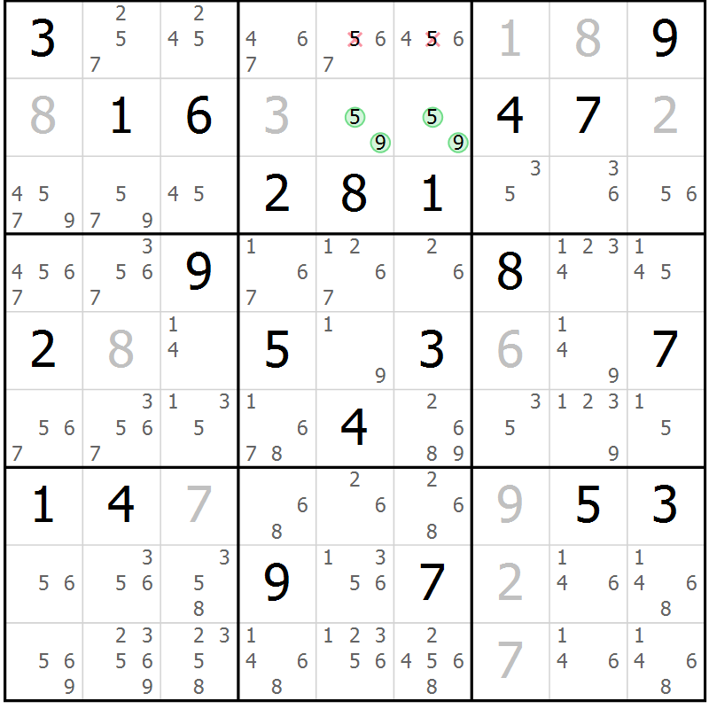 Position des candidats pour la solution de la Gr 4 page 7 du magazine de sudoku Virtuose n° 120