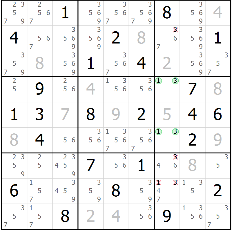 Position des candidats pour la solution de la Gr 40 page 43 du magazine de sudoku Virtuose n° 120