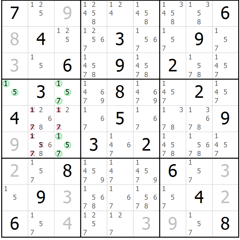 Position des candidats pour la solution de la Gr 43 page 46 du magazine de sudoku Virtuose n° 120