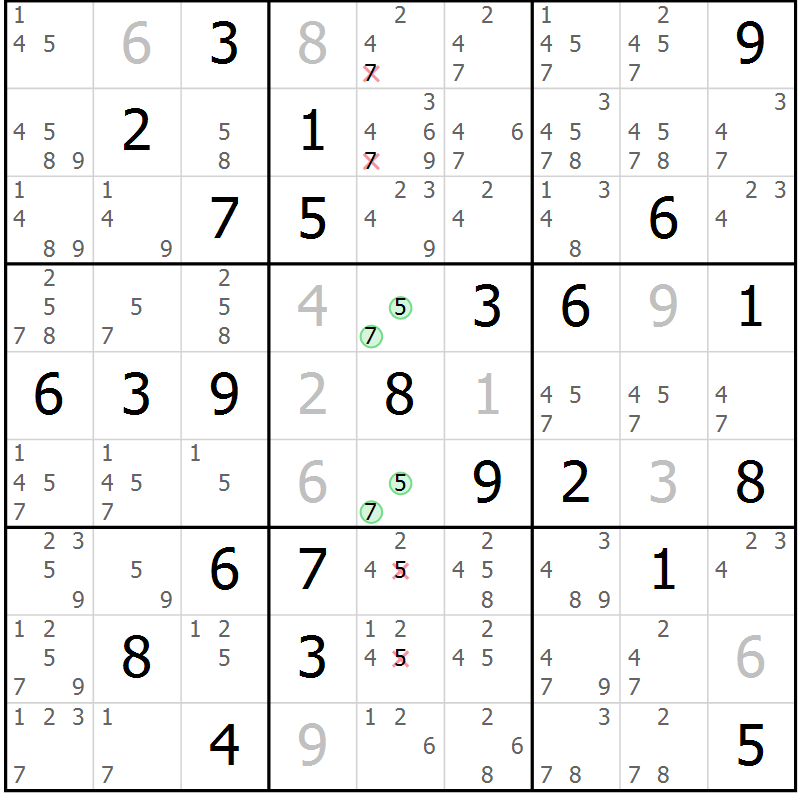 Position des candidats pour la solution de la Gr 45 page 48 du magazine de sudoku Virtuose n° 120