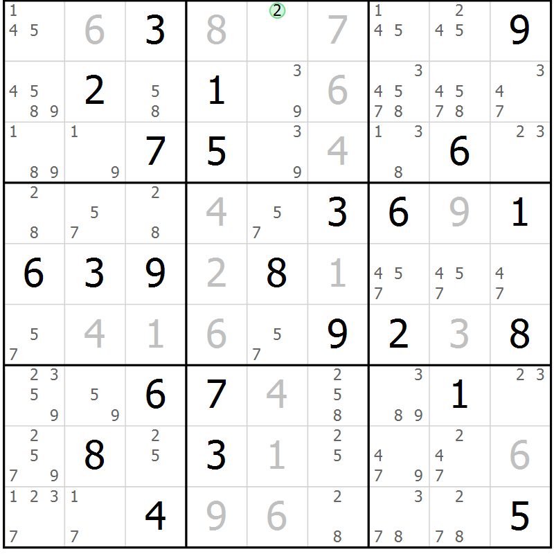 Position des candidats pour la solution de la Gr 45 page 48 du magazine de sudoku Virtuose n° 120