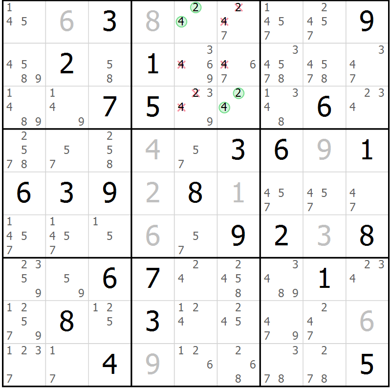 Position des candidats pour la solution de la Gr 45 page 48 du magazine de sudoku Virtuose n° 120
