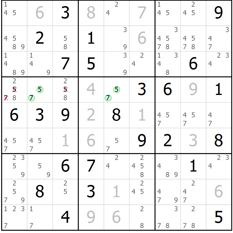 Position des candidats pour la solution de la Gr 45 page 48 du magazine de sudoku Virtuose n° 120