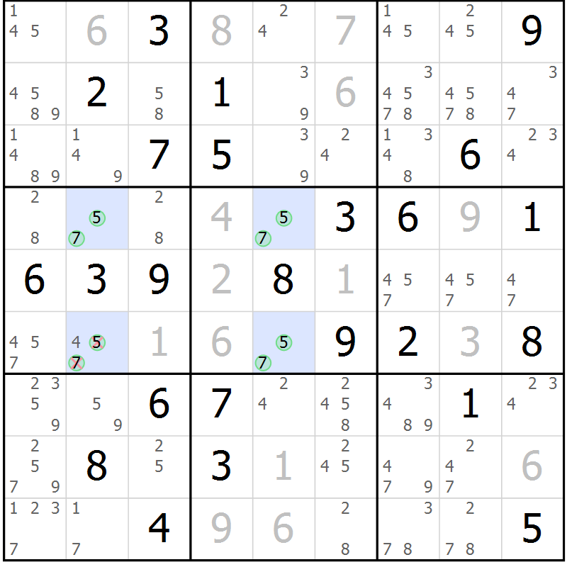 Position des candidats pour la solution de la Gr 45 page 48 du magazine de sudoku Virtuose n° 120