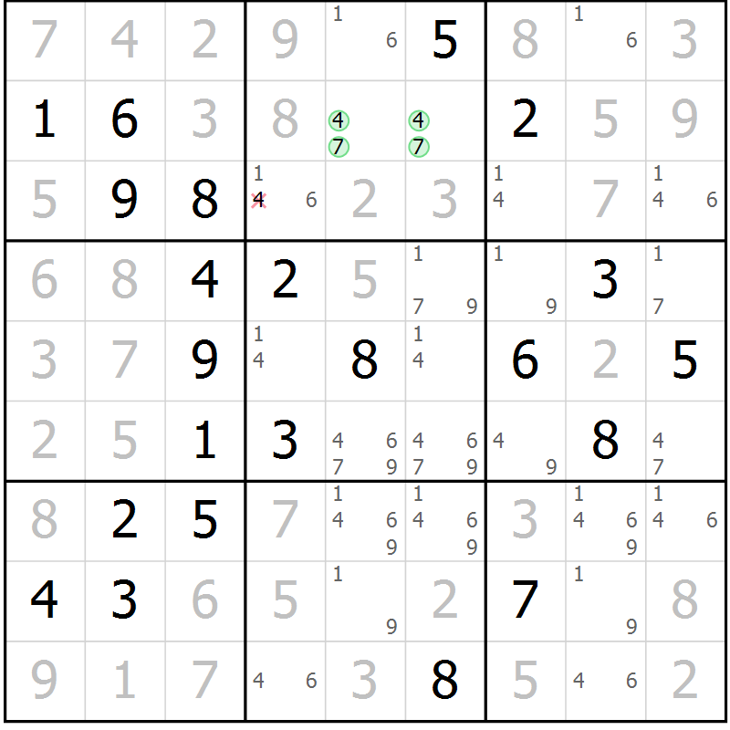 Position des candidats pour la solution de la Gr 46 page 49 du magazine de sudoku Virtuose n° 120