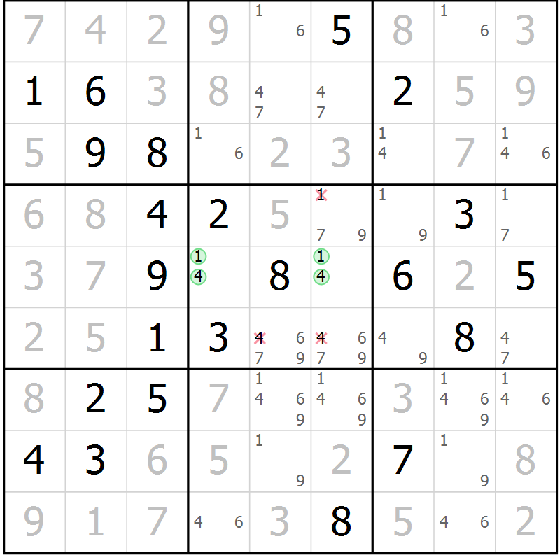 Position des candidats pour la solution de la Gr 46 page 49 du magazine de sudoku Virtuose n° 120