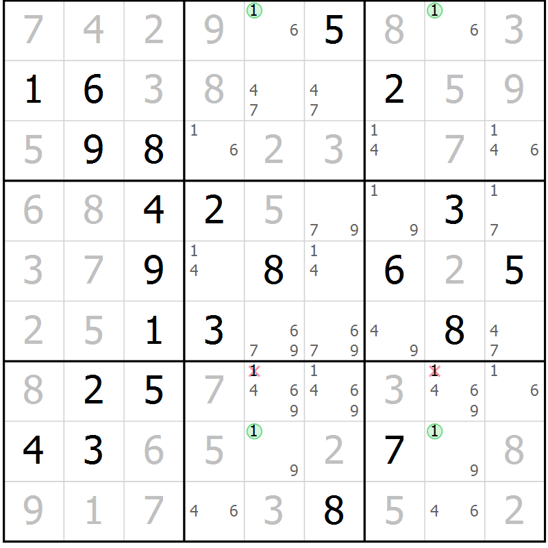 Position des candidats pour la solution de la Gr 46 page 49 du magazine de sudoku Virtuose n° 120