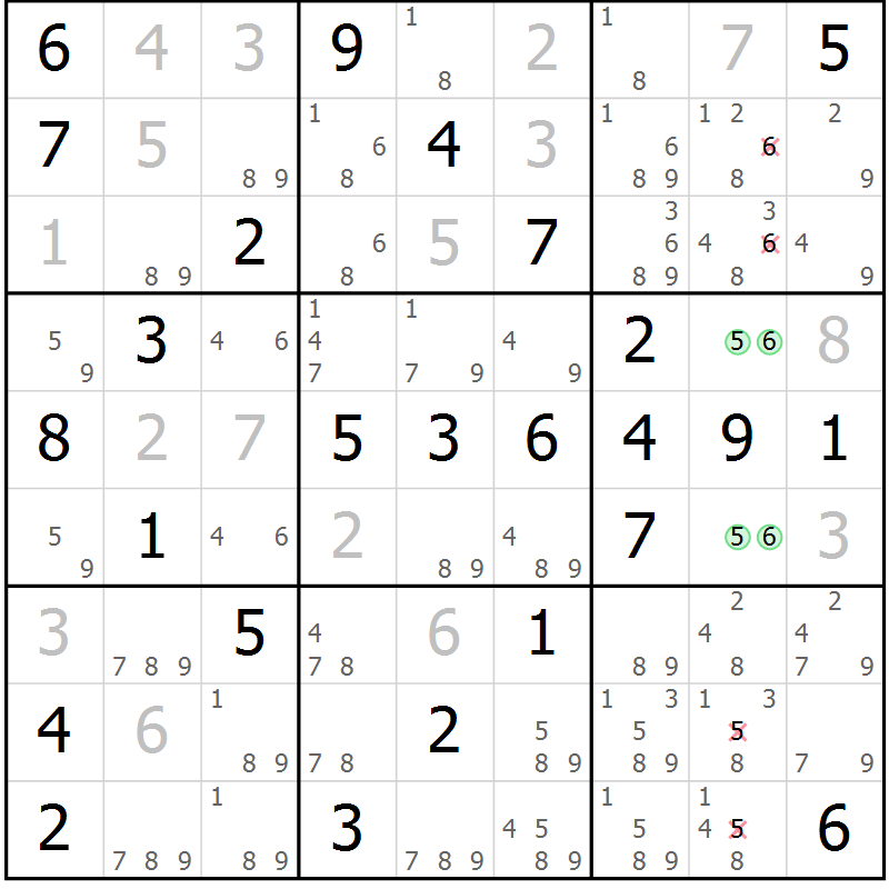 Position des candidats pour la solution de la Gr 47 page 50 du magazine de sudoku Virtuose n° 120