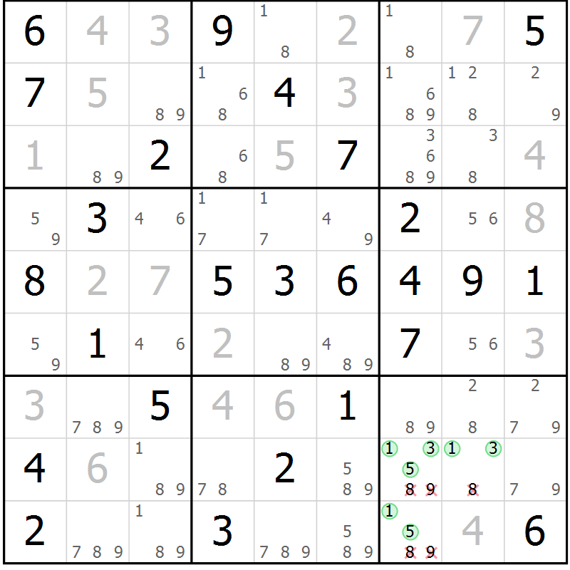 Position des candidats pour la solution de la Gr 47 page 50 du magazine de sudoku Virtuose n° 120