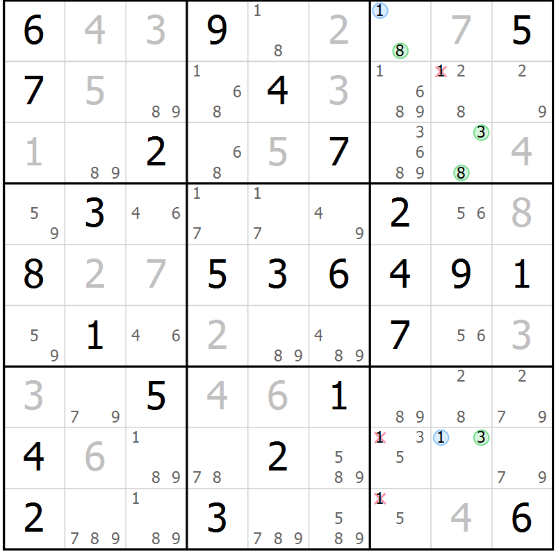 Position des candidats pour la solution de la Gr 47 page 50 du magazine de sudoku Virtuose n° 120