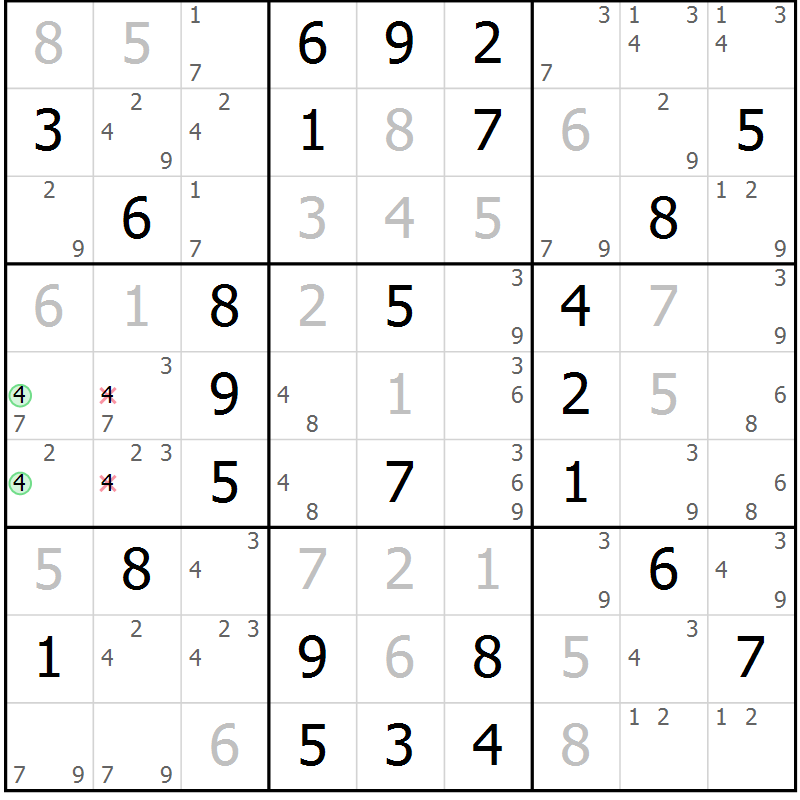 Position des candidats pour la solution de la Gr 48 page 51 du magazine de sudoku Virtuose n° 120