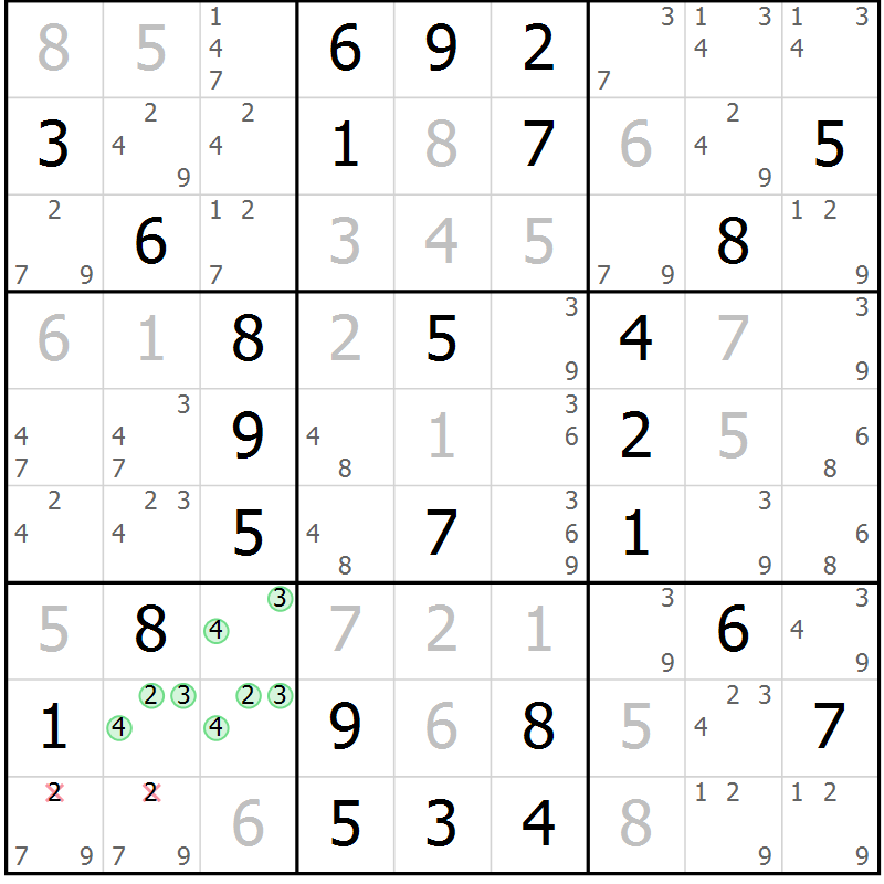 Position des candidats pour la solution de la Gr 48 page 51 du magazine de sudoku Virtuose n° 120