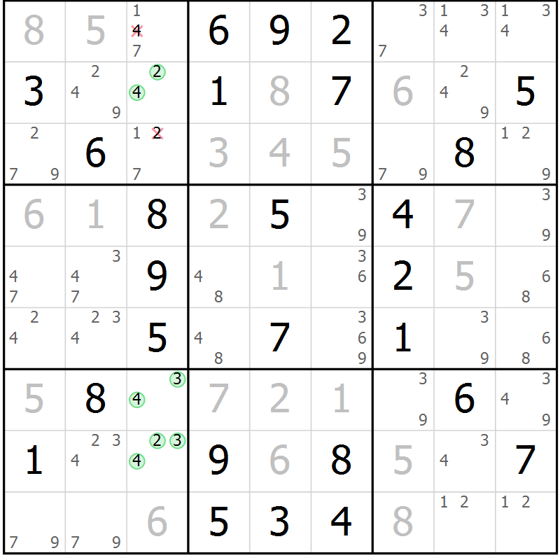 Position des candidats pour la solution de la Gr 48 page 51 du magazine de sudoku Virtuose n° 120