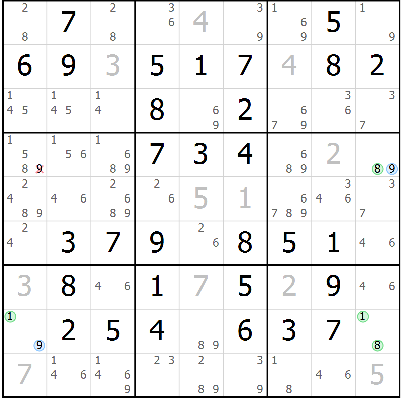 Position des candidats pour la solution de la Gr 49 page 52 du magazine de sudoku Virtuose n° 120