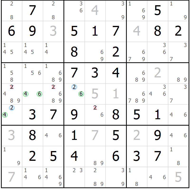 Position des candidats pour la solution de la Gr 49 page 52 du magazine de sudoku Virtuose n° 120