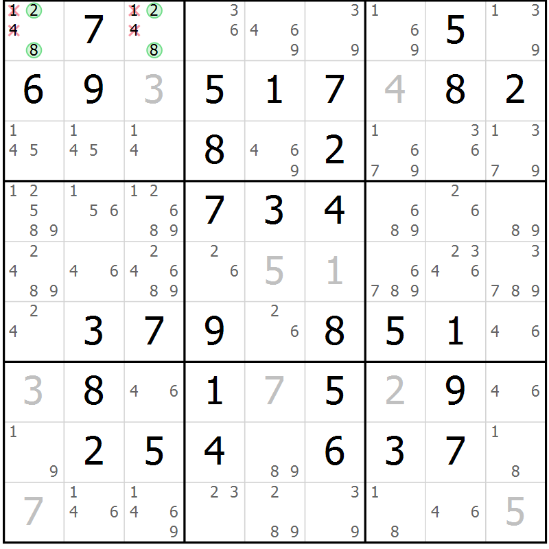 Position des candidats pour la solution de la Gr 49 page 52 du magazine de sudoku Virtuose n° 120