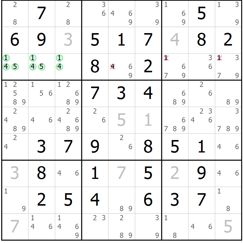 Position des candidats pour la solution de la Gr 49 page 52 du magazine de sudoku Virtuose n° 120