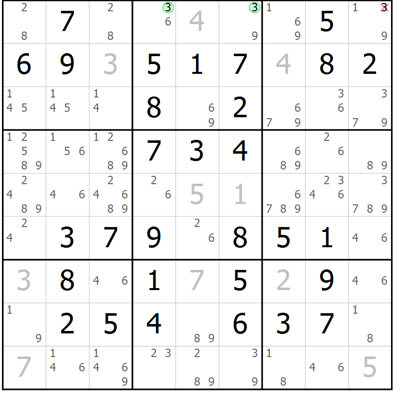 Position des candidats pour la solution de la Gr 49 page 52 du magazine de sudoku Virtuose n° 120